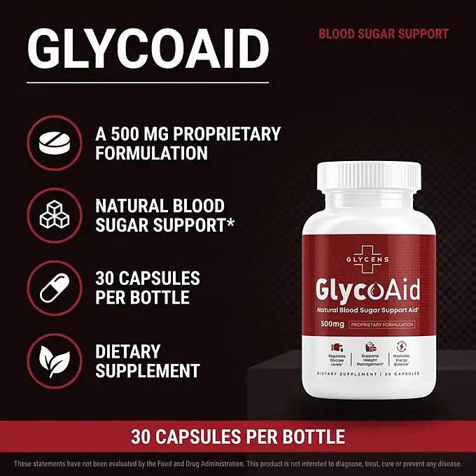 GlycoAid supplement facts panel showing 500mg proprietary formulation